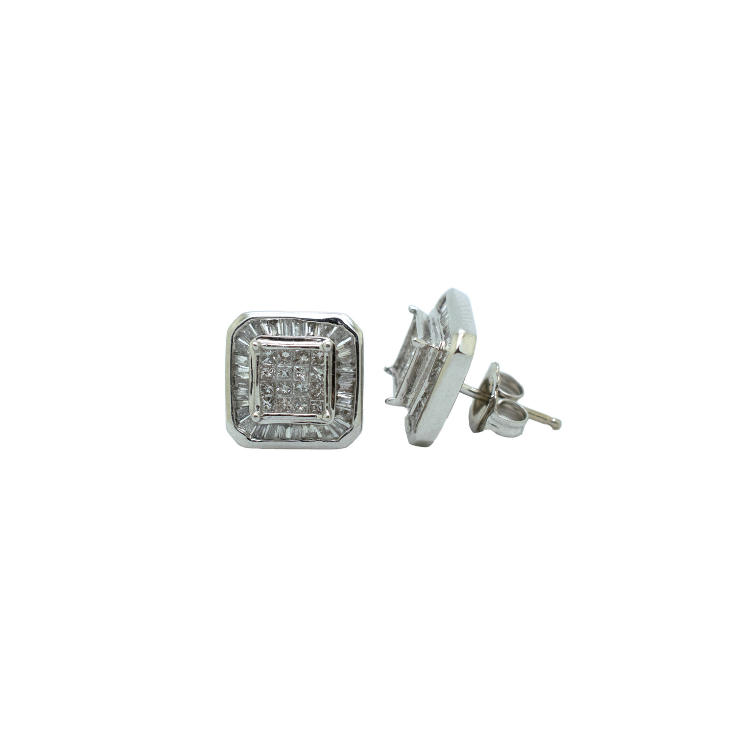 14k Gold Baguette & Princess Diamond Square Earrings 1.6ct