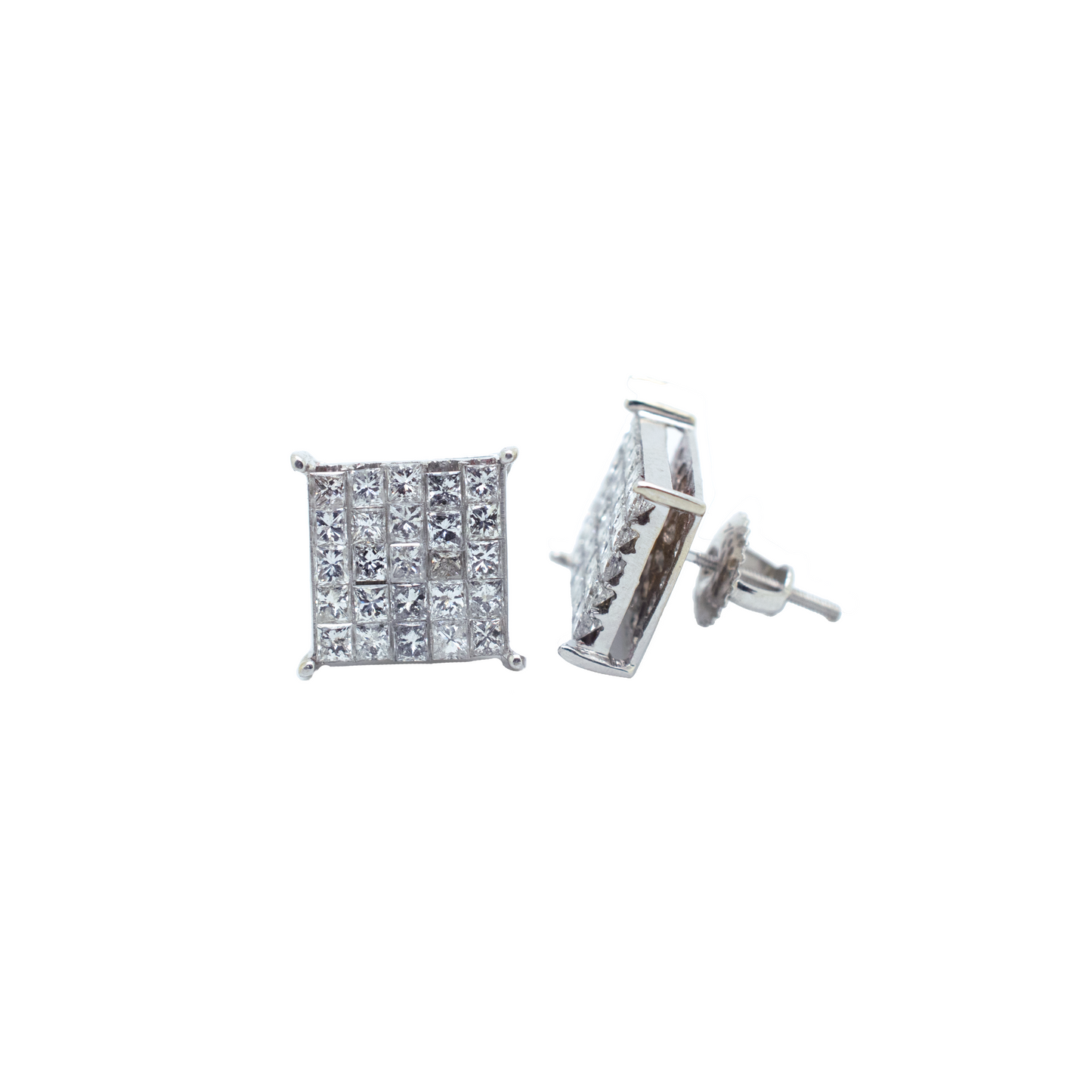 14k White Gold Diamond Princess Cluster Earrings 3ct