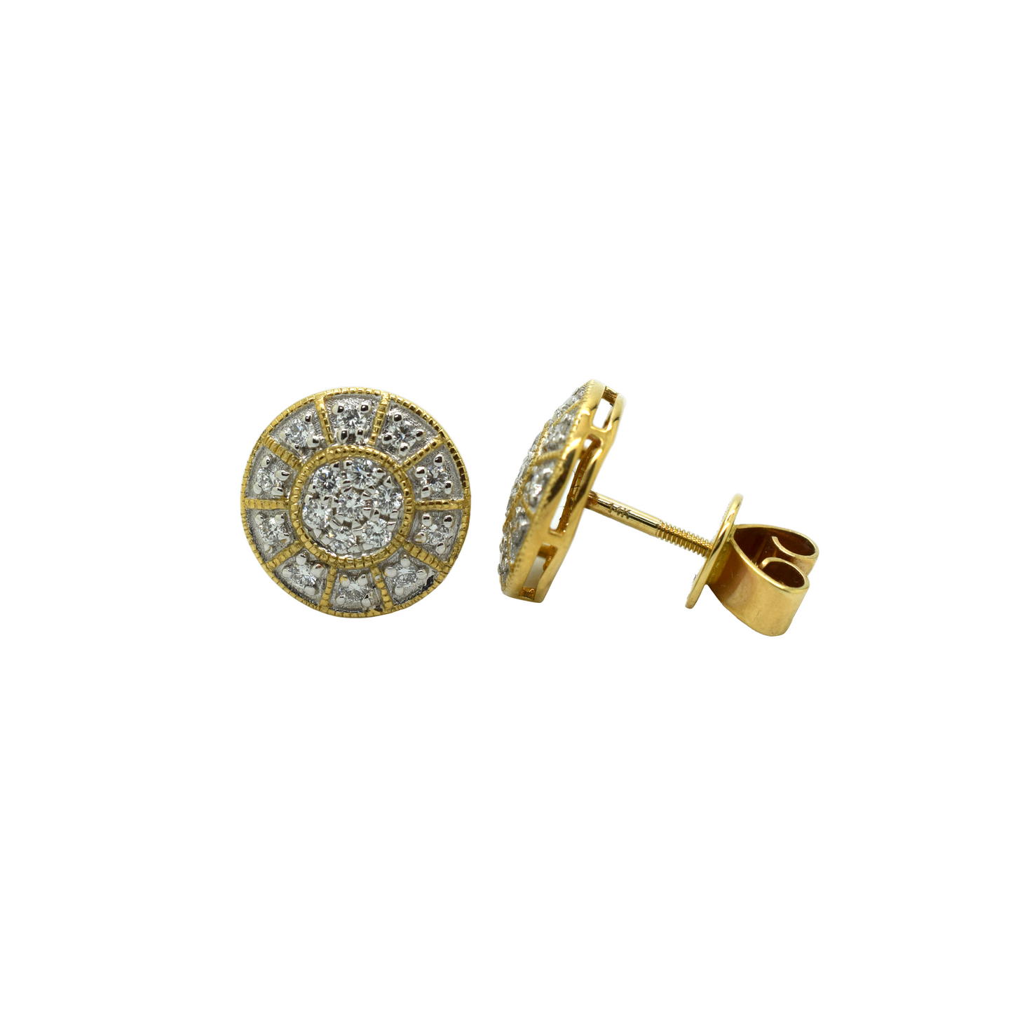 14k Gold Diamond Cluster Flat Circle Earrings 0.75ct