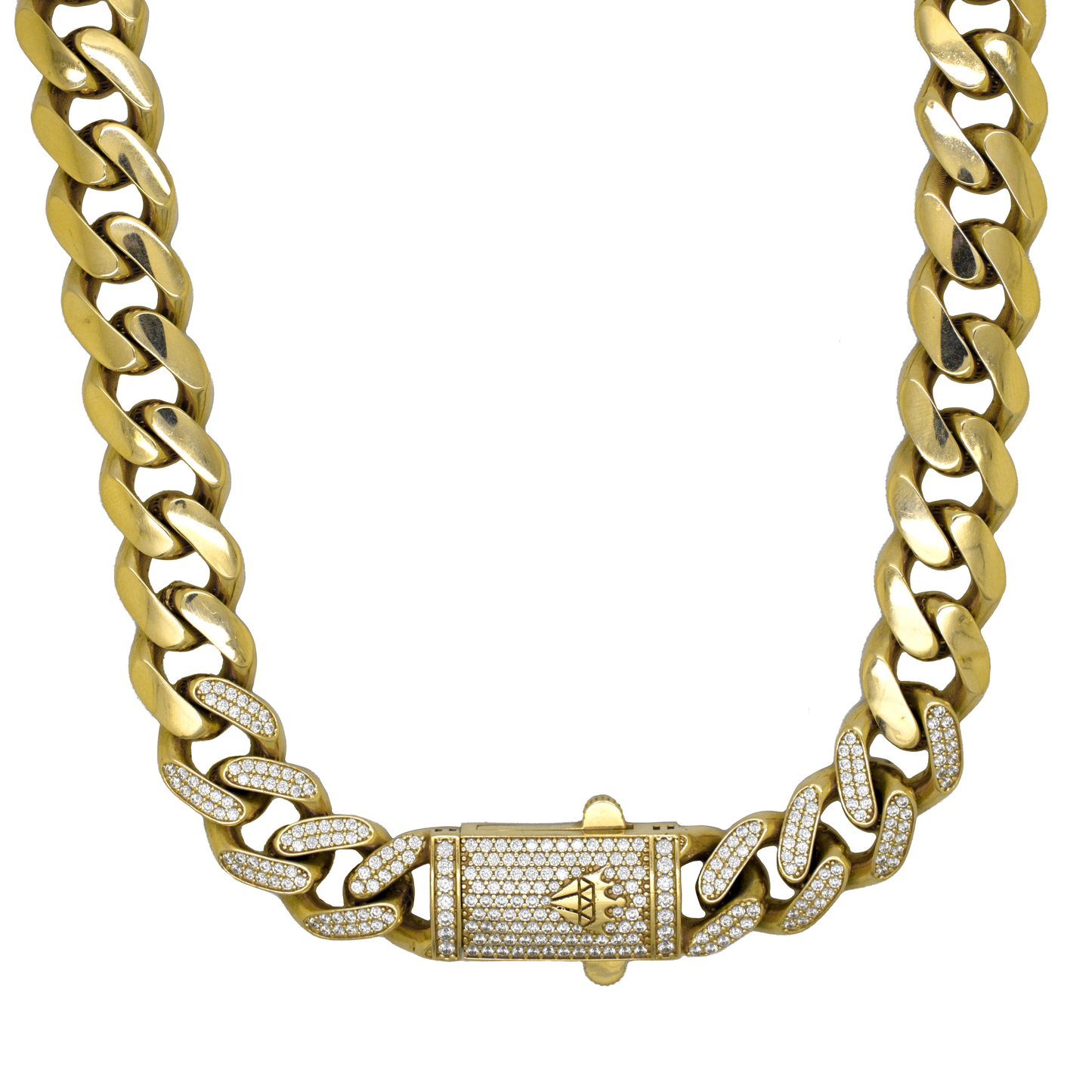 14k Semi-Solid Gold Cubic Zirconia Lock Cuban Chain 12.5mm