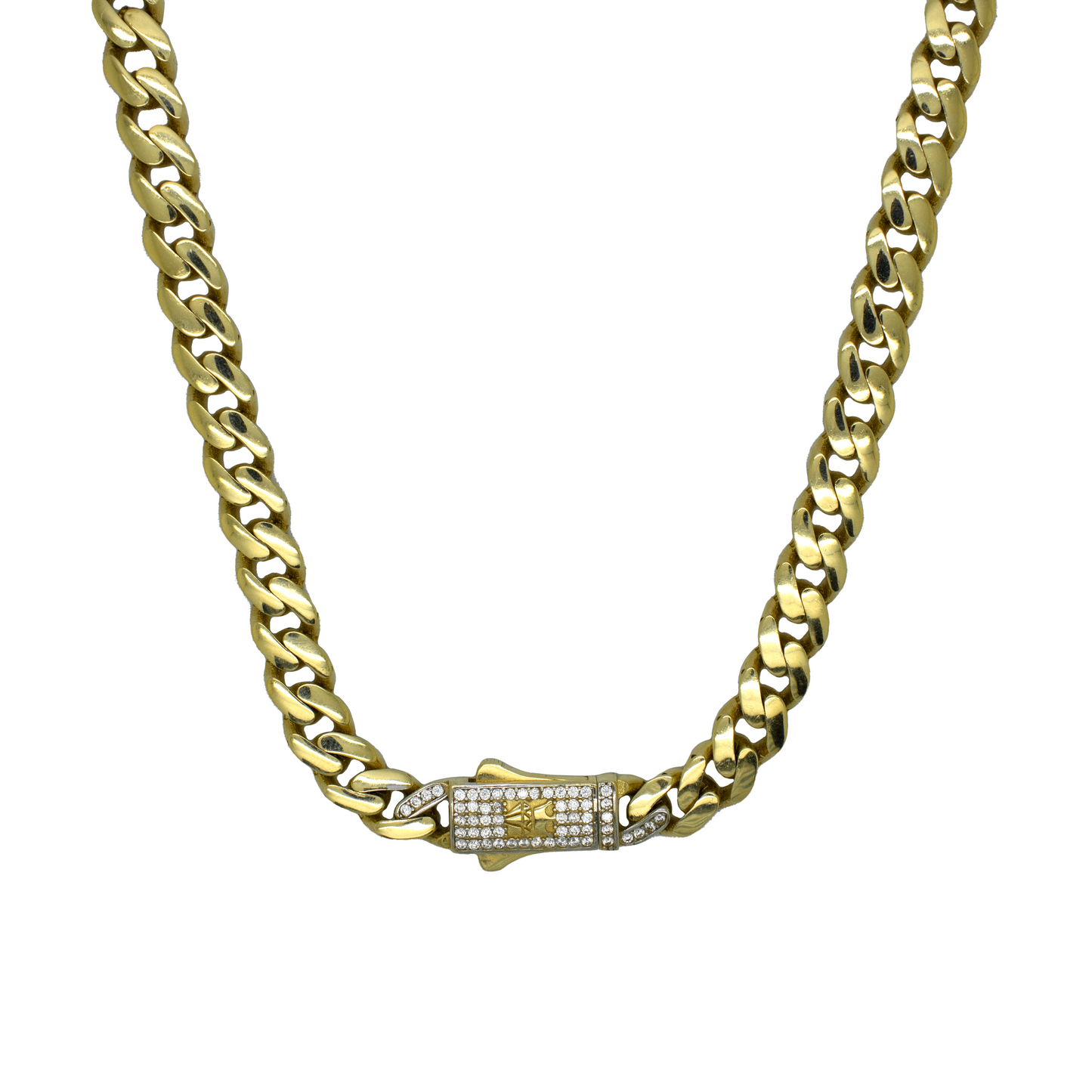 14k Semi-Solid Gold Cubic Zirconia Lock Cuban Chain 6.7mm