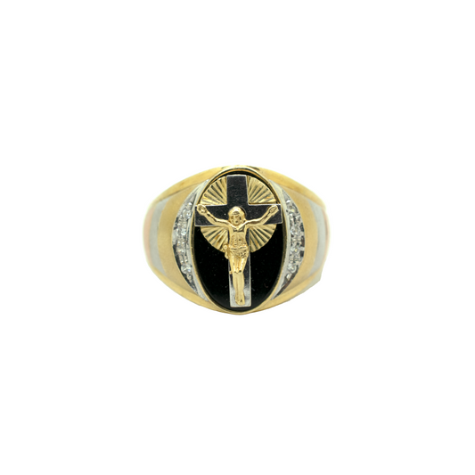 14k Gold Jesus on Cross with Onyx Ring