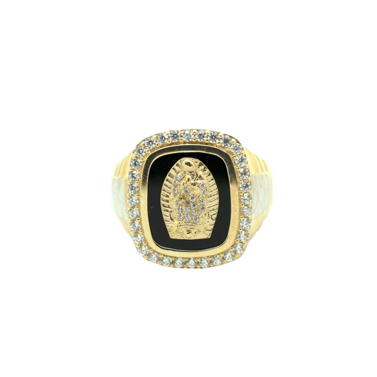 14k Gold CZ Virgin Mary with Onyx Ring